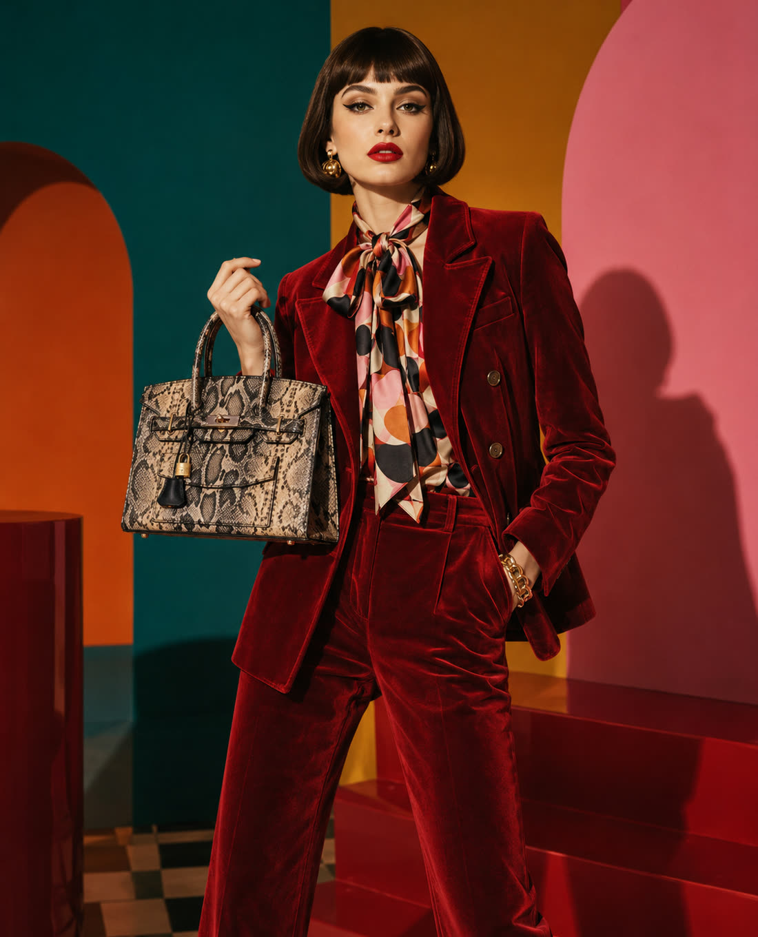 Modella in velluto rosso con borsa OSA stampa pitone