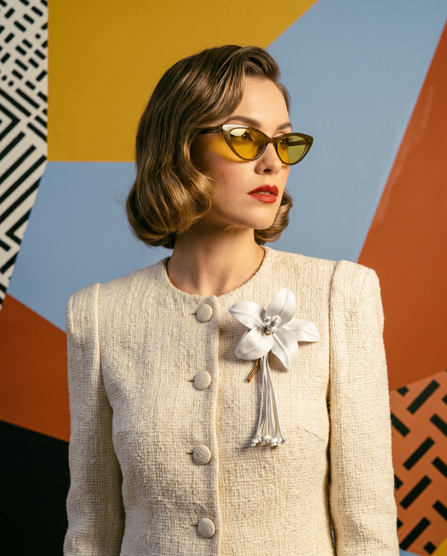 Fiore bianco in pelle OSA indossato come spilla su giacca in tweed