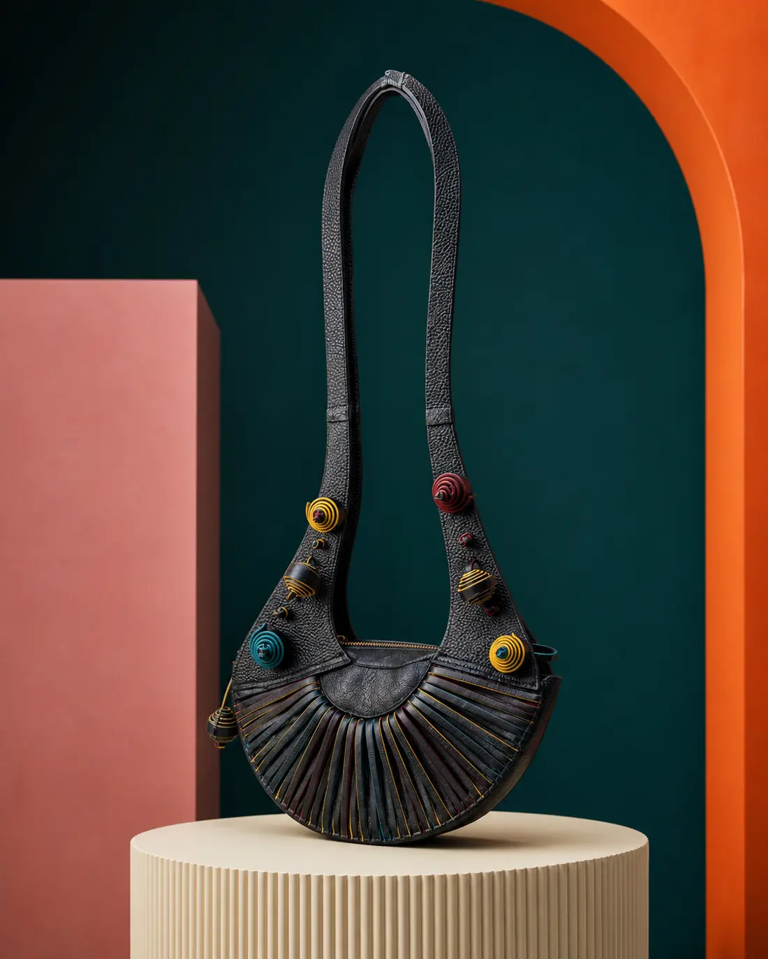 Bag Caprice OSA in pelle nera con radiali a ventaglio e girelle decorative colorate
